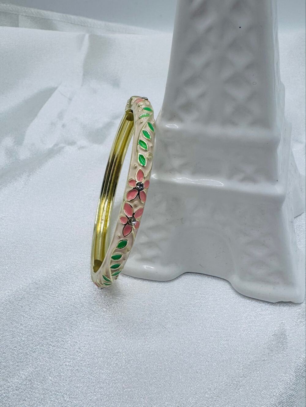 Gold-Tone Floral Enamel Bangle Bracelet in Pink & Green